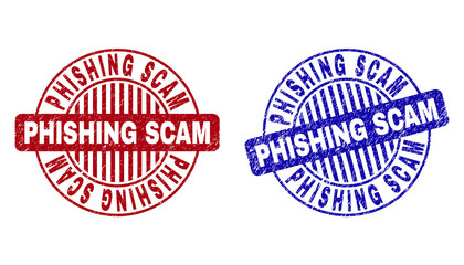 Grunge PHISHING SCAM round stamp seals isolated on a white background. Round seals with distress texture in red and blue colors.