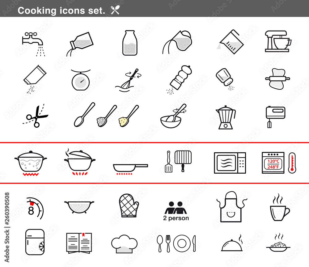 Cooking preparation icon set. Set of sign for detailed guideline ...