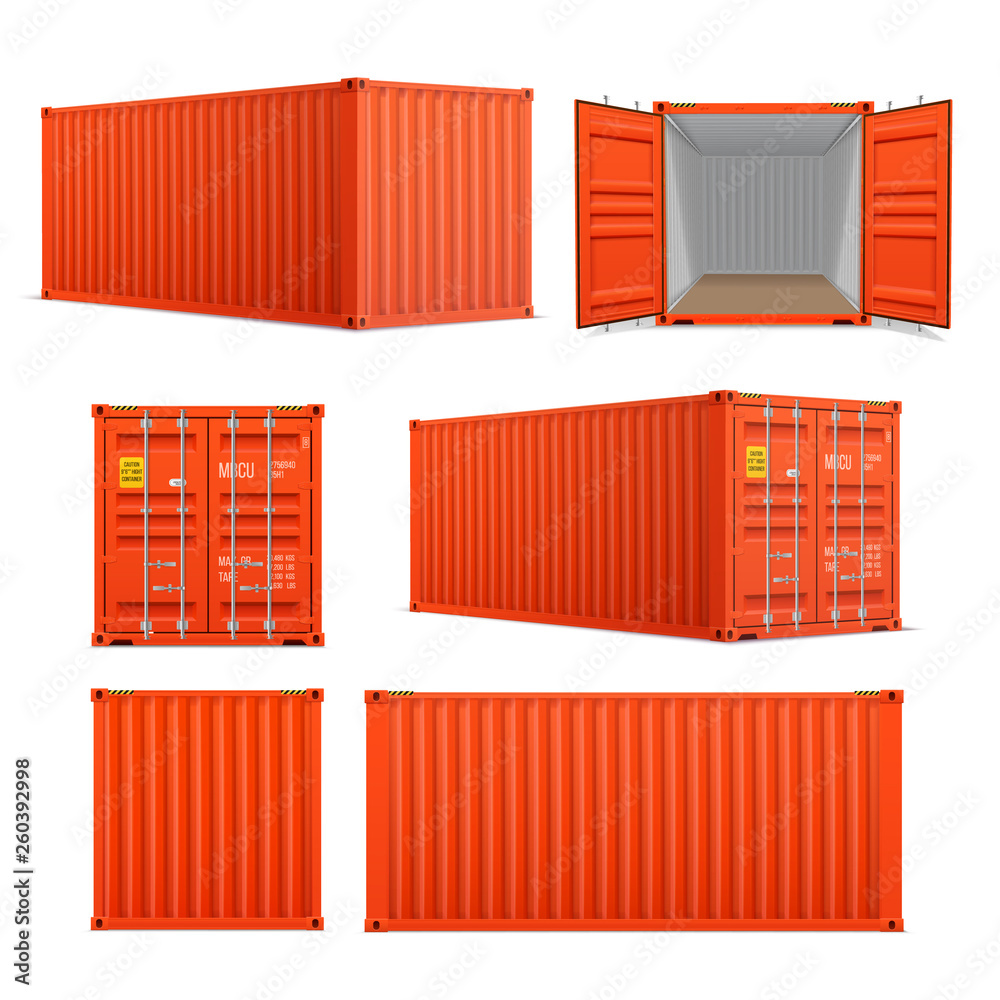 Realistic set of bright red cargo containers.   Front, side back and perspective view.  Open and closed - obrazy, fototapety, plakaty 