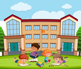 Wall Mural - Student learning in front of school