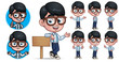 Cartoon Geek Boy Mascot Character with 7 Poses_EPS 10 Vector