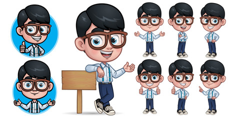 cartoon geek boy mascot character with 7 poses_eps 10 vector