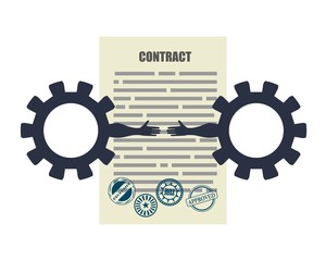 Wall Mural - Illustration of a approved paper document with stamps. Cog wheels with human hands. Partnership handshake