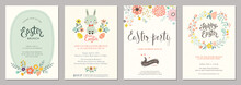 Cute Happy Easter Templates With Eggs, Flowers, Floral Wreath, Rabbit And Typographic Design.