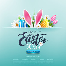 Happy Easter Sale 50% Off Poster And Template With Easter Eggs And Flower On Blue.Greetings And Presents For Easter Day.Promotion And Shopping Template For Easter Day.Vector Illustration EPS10