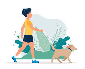 Wall Mural - Happy man with a dog in the park. Vector illustration in flat style, concept illustration for healthy lifestyle, sport, exercising.