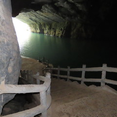 nature, water, river green trees, mountains, landscape at the entrance of phong nha cave in central vietnam