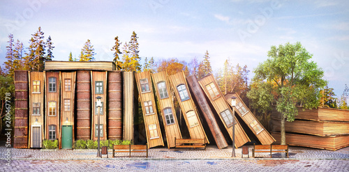 Plakaty do pokoju dziewczynki library-concept-fantasy-literature-stack-of-old-books-as-street-of-the-city-3d-illustration