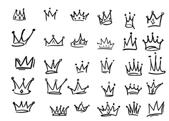 Poster - Set of iconic hand drawn crowns. Luxury collection of inky black outline symbols of leadership, success, power and riches or wealth. Isolated elements for branding and identity.