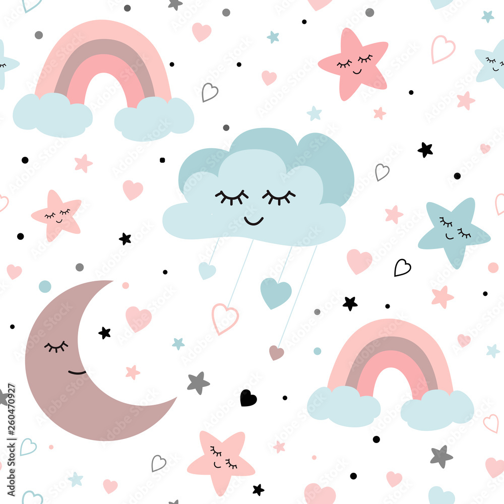 Cute sky seamless pattern Baby vector design with smiling sleeping moon ...