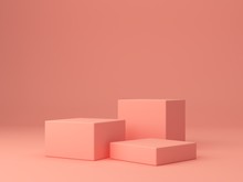 Pink Coral Shapes On A Coral Abstract Background. Minimal Boxes And Geometric Podium. Scene With Geometrical Forms. Empty Showcase For Cosmetic Product Presentation. Fashion Magazine. 3d Render. 