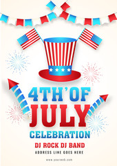 Wall Mural - 4th Of July Celebration template or flyer design with illustration of uncle sam hat and American Flags.