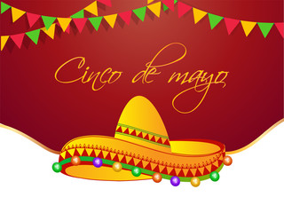 Wall Mural - Cinco De Mayo celebration poster design with illustration of sombrero hat and bunting flags decorated shiny background.