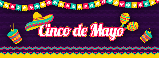 Wall Mural - Sticker style lettering of Cinco De Mayo with illustration of sombrero hat, maracas and drum on purple background. Festival celebration header or banner design.