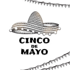 Wall Mural - Hand drawn illustration of sombrero hat and Cinco De Mayo text on white background. Can be used as poster design.