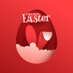 Sticker - Red paper cut poster or flyer design with illustration of easter egg, bunnies ear on sky view background for Happy Easter Party Celebration.