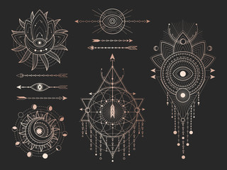 Wall Mural - vector set of sacred geometric symbols and figures on black background. gold abstract mystic signs c