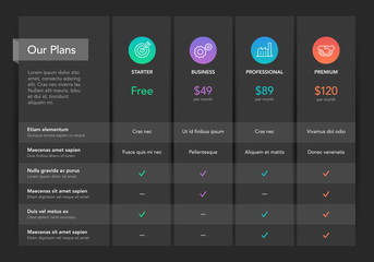 Poster - Modern pricing comparison table with four subscription plans and place for description - dark version. Flat infographic design template for website or presentation.