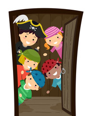 Sticker - Stickman Kids Pirates Open Door Ship Illustration