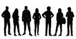 Set of vector silhouettes of  men and a women, a group of standing business people, black color isolated on white background