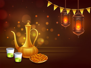 Iftar Party Celebration banner or poster design with illustration of food, jug and glass of Islamic, space for your text.