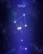 Norma the ruler or carpenter's edge constellation map on a starry space background. Stars relative sizes and color shades based on their spectral type.