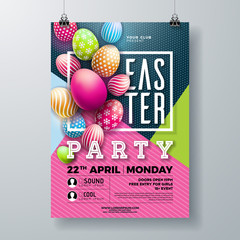 Sticker - Vector Easter Party Flyer Illustration with painted eggs, spring flower and typography elements on nature blue background. Spring holiday celebration poster design template.