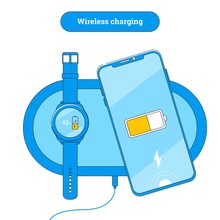 Wireless charging pad with mobile phone and smart watch. Wireless charging line illustration. Modern frameless smartphone icon flat design. Charging progress on screen.
