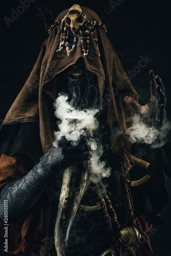 Plakat Portrait of a shaman holding a steaming horn