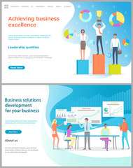  Business solution development and achieving business excellence vector. People with prize and award for success, conference meeting of workers. Website or webpage template, landing page flat style
