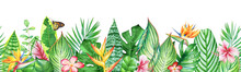 Watercolor Seamless Pattern With Tropical Leaves, Plants And Flowers