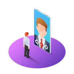 Wall Mural - 3d isometric businessman having video call with boss on smartphone