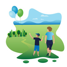 The Boy With His Mother Lets Three Balloons Into The Sky In A Field In Nature. A Woman With Her Son Are Walking In The Summer Along A Country Road Amidst Green Expanses. Eco Idea, Vector Illustration