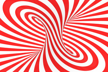 Wall Mural - Swirl optical 3D illusion raster illustration. Contrast red and white spiral stripes. Geometric torus image with lines, loops.