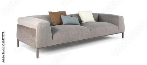 Modern gray fabric sofa with legs and pillows on isolated white background Poster Mural XXL