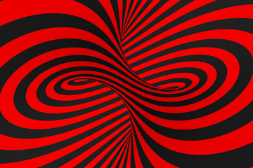 Wall Mural - Torus 3D optical illusion raster illustration. Hypnotic black and red tube image. Contrast twisting loops, stripes ornament.