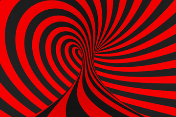 Wall Mural - Torus 3D optical illusion raster illustration. Hypnotic black and red tube image. Contrast twisting loops, stripes ornament.