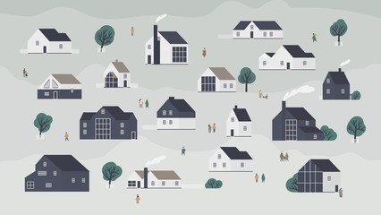 Fototapete - Banner with different houses in Scandic style or cottages of modern Scandinavian architecture and town dwellers. Background with village, suburb or neighborhood. Flat cartoon vector illustration.