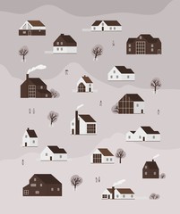 Fototapete - Vertical monochrome banner with living houses or cottages of modern Scandinavian architecture and walking people. Background with suburban residential buildings. Flat cartoon vector illustration.