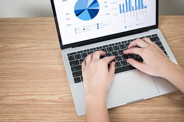 Poster - Close-up pictures of hands on laptops showing financial graphs on the screen on a brown wooden table.
