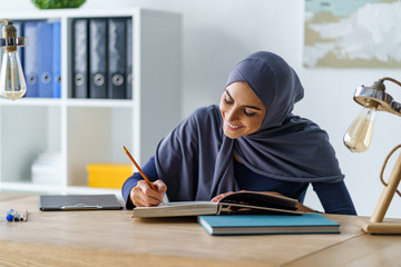 Poster - Female Muslim student reading book