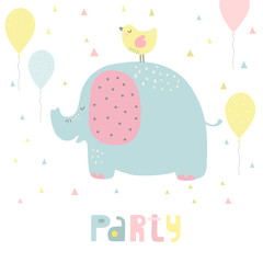 Cute elephant  print for kids. Happy Birthday cards with cartoon elephant. Cute elephant pastel print for party decor.