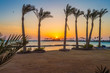 Sunrise on a peninsula of Hurghada across a row of palm trees