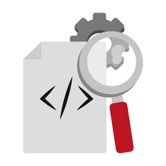 Poster - programming code and magnifying glass and gears symbols