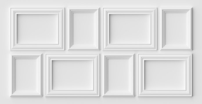 White photo or picture frames on the white wall with shadows