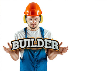 Wall Mural - Male builder in orange helmet isolated on white background. Concept building, contractor.