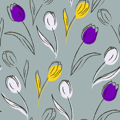 vector seamless spring pattern with brush painted tulips. flower background in purple and yellow col