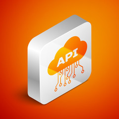 Isometric Cloud api interface icon isolated on orange background. Application programming interface API technology. Software integration. Silver square button. Vector Illustration