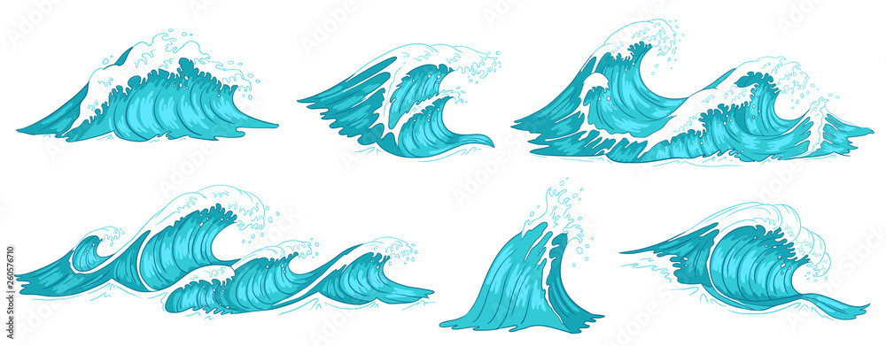 Sea wave. Vintage ocean waves, blue water tide and tidal wave hand drawn vector illustration set - obrazy, fototapety, plakaty 