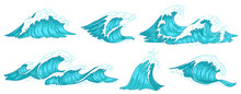 Sea Wave. Vintage Ocean Waves, Blue Water Tide And Tidal Wave Hand Drawn Vector Illustration Set